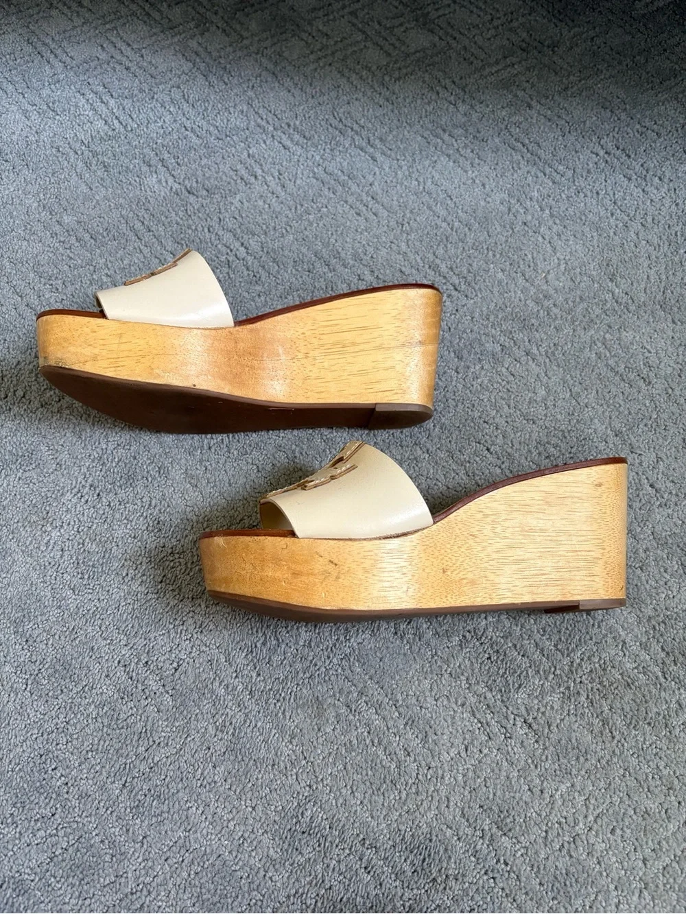 Tory Burch Cream Leather Slide Mules with Signature Logo